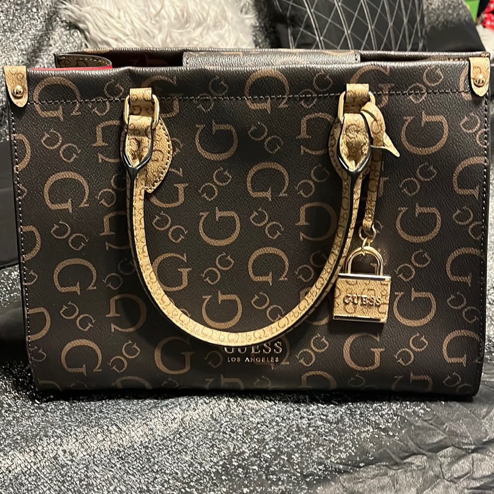 GUESS Brown Logo Satchel with Tan Trim